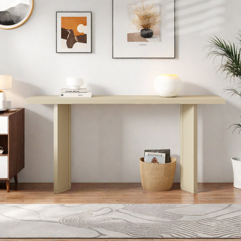 Console moderne avec structure de forme géométrique et grain de bois, Beige