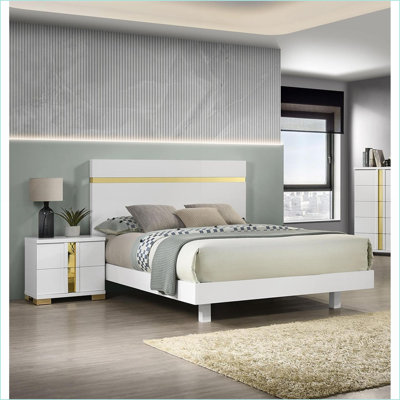 Ensemble de chambre à coucher 3 pièces grand blanc neige moderne avec ampoule à DEL 2 tables de chevet | Blanc neige | Bois d'ingénierie, métal