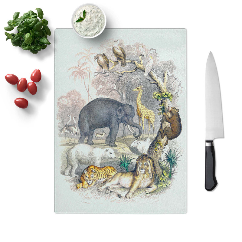 Tempered Glass Animal Kingdom Illustration Chopping Board, 20 cm W x 28.5 cm L
