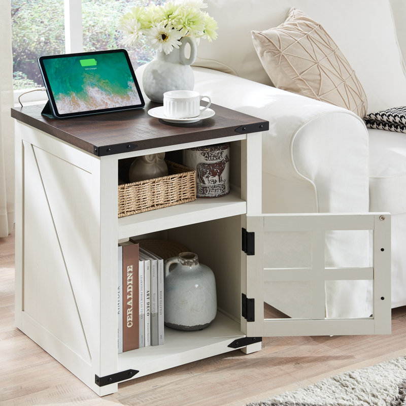 24''H Farmhouse End Table With Charging Station Rustic Nightstand, White