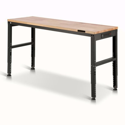 Workbench Adjustable Height, 61" X 20" Garage Table W/ 27.1" - 36" Heights & 2000 LBS Load Capacity, With Power Outlets & Hardwood Top & Metal Frame & Foot Pads, For Workshop Office Home