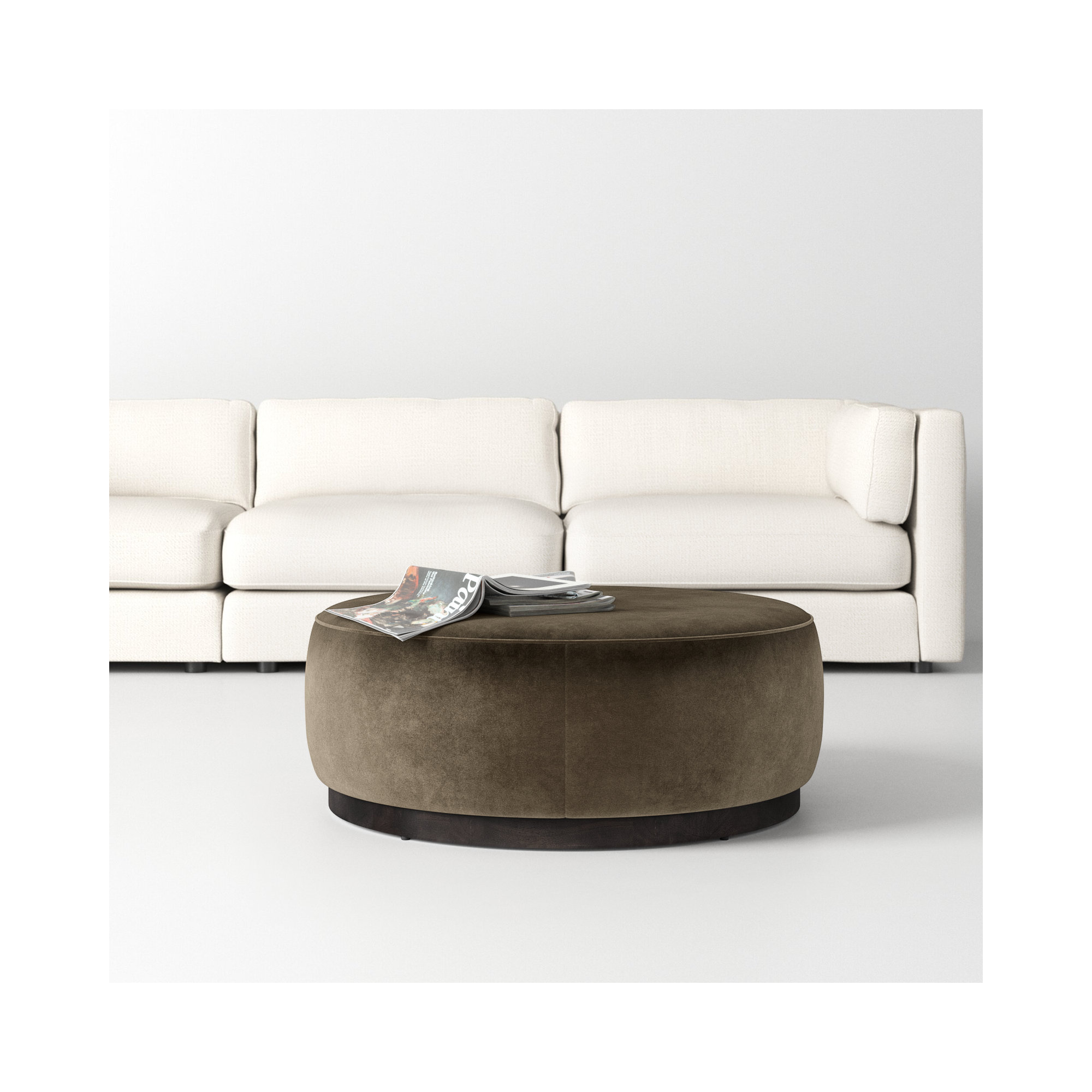 Faira 36" Wide Round Standard Ottoman, Surrey Olive Cotton Blend