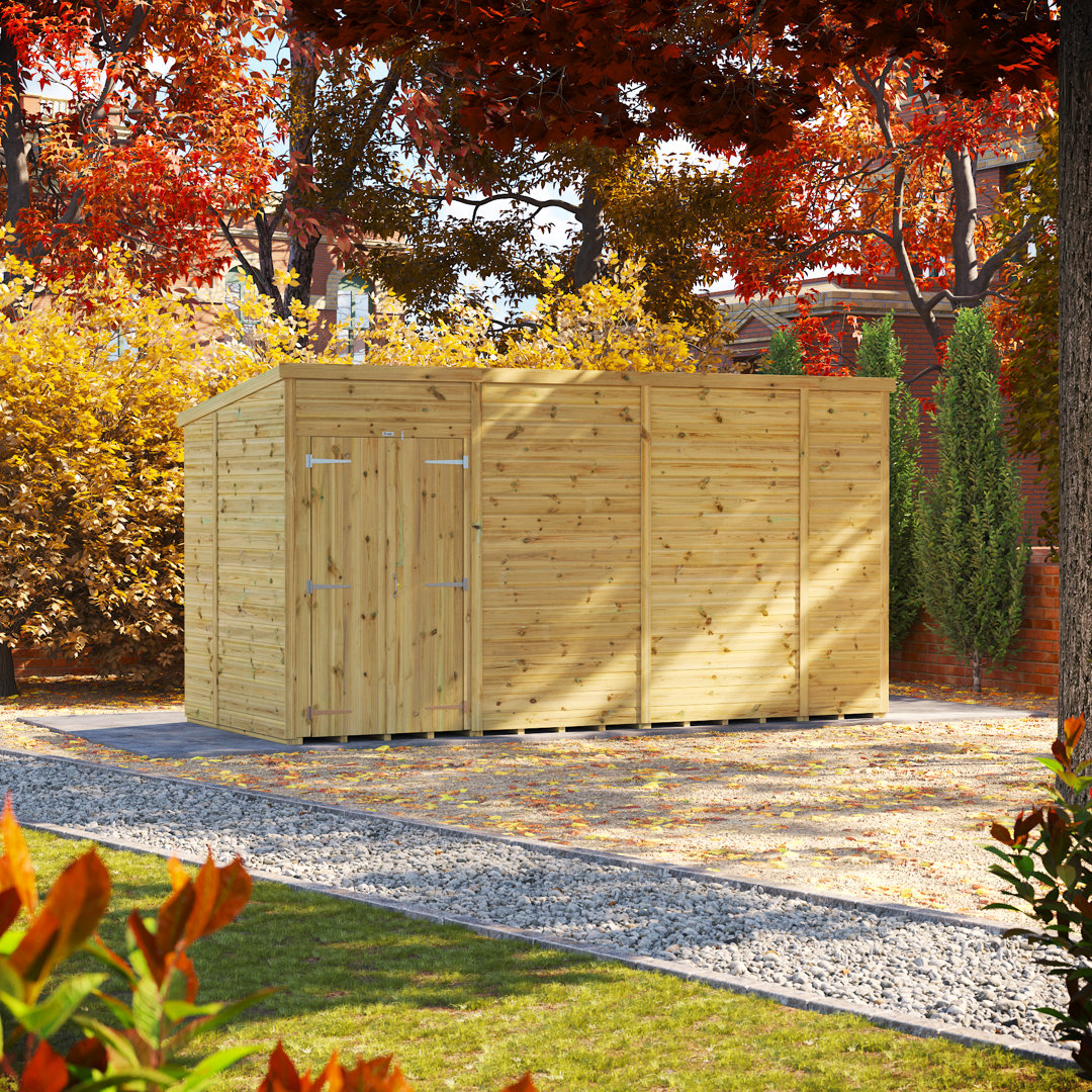 Powersheds 14 x 6ft Premium Pressure Treated Timber Windowless Pent Garden Shed, Double Doors