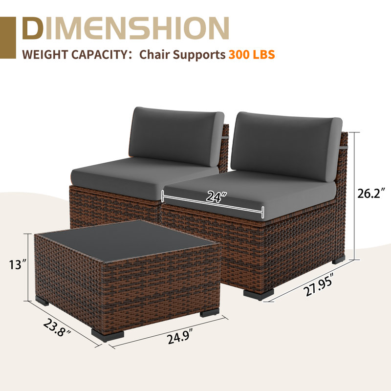 Armless Wicker Outdoor Patio Chair With Cushions Set, Gray