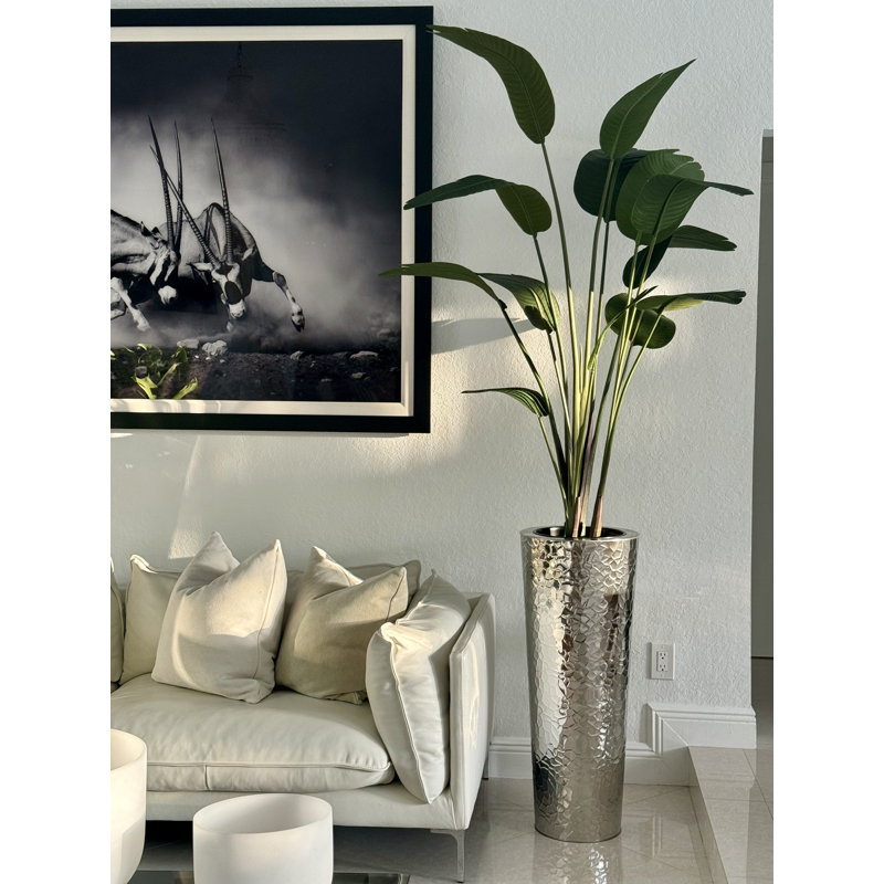 Faux Bird Of Paradise Tree in Metal Planter, Silver, 90" H x 40" W x 24" D