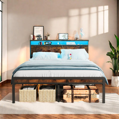 Structure de lit double en métal avec tête de lit, lumières DEL, ports USB et rangement