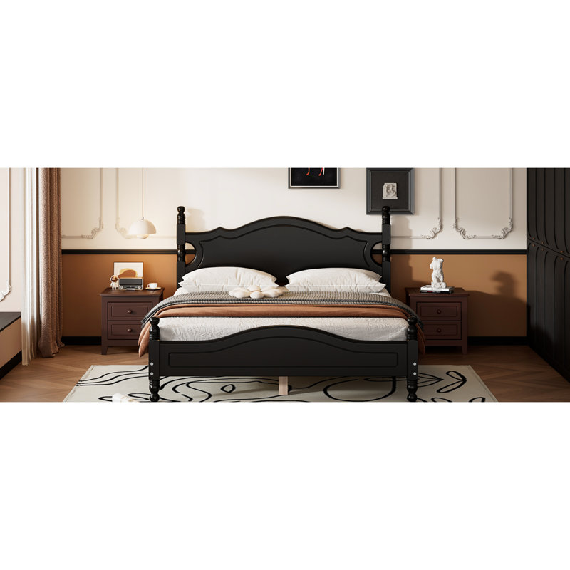 Structure de lit grand noir, lattes de bois rétro pour un lit plateforme de qualité durable, conception avec fiabilité