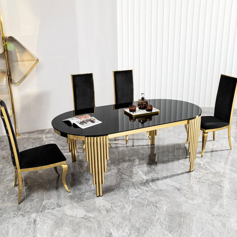 Table de salle à manger 68,15 po à dessus en verre noir avec base en acier inoxydable doré pour 6 pièces de fabrication ovale 6-8