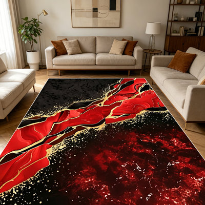 1pièces tapis rouge marbré fluides abstraits en feuille d'or pour le salon, doux et confortable, convient à toutes les saisons, facile à entretenir, tapis de sol intérieur lavable à la machine, sous la table de ferme convenant à la salle à manger, à la chambre à coucher, au vestibule, à la cuisine,