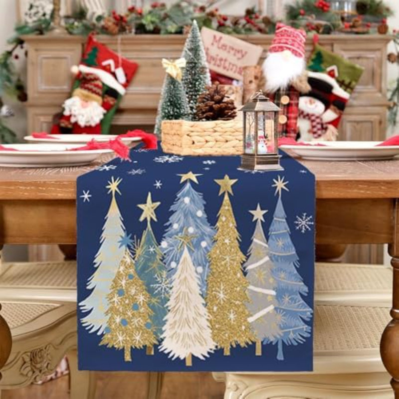 Chemin de table de Noël 13 x 60 pouces, sapins de Noël et flocons de neige, décoration de table champêtre pour la cuisine et la salle à manger, décoration pour dîner à l'intérieur ou à l'extérieur (bleu)