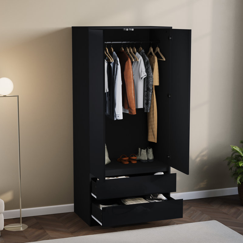 2 Door 2 Drawer High Gloss Wardrobe, (FSC 100%) Bedroom Home Clothing Storage Furniture, Black