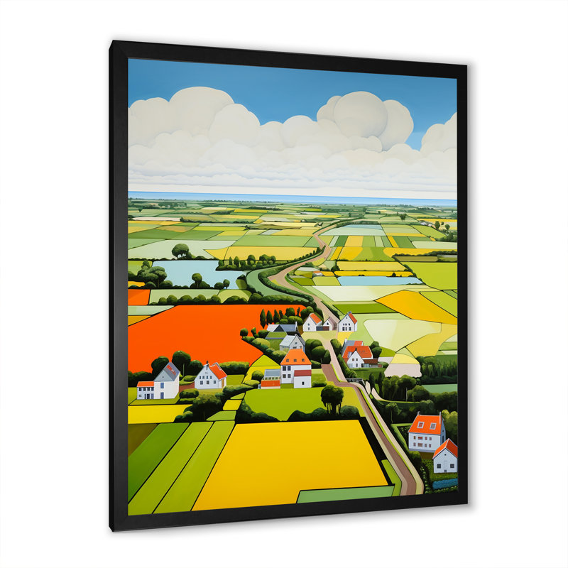 Paysage de ferme sur toile, "De Stijl", Cadre simple noir, H 44 po x l 34 po x P 1,5 po