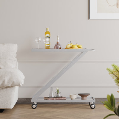 Fashionable Metal And Glass Bar Cart, Locking Wheels, 34.99Inh, Silver Cool Tempered Shelved Cart With Robust Construction, 18.23Inw,
