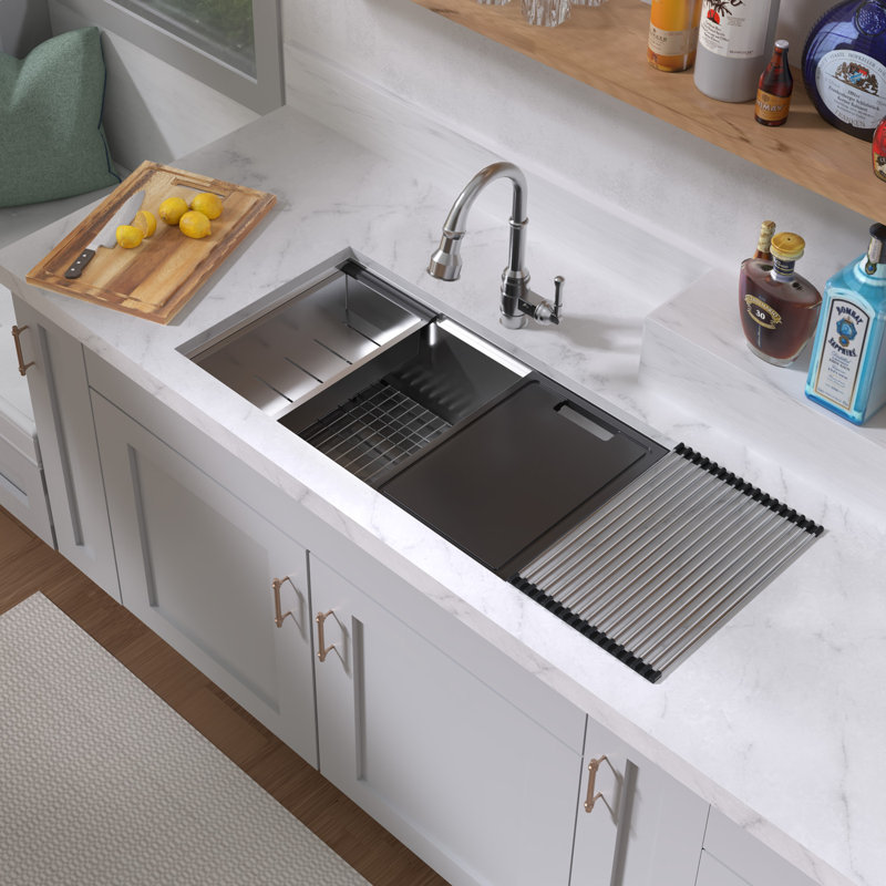 Évier de poste de travail encastré à simple cuve en acier inoxydable de calibre 16 avec accessoires de 33 po Whitehaus, 33"