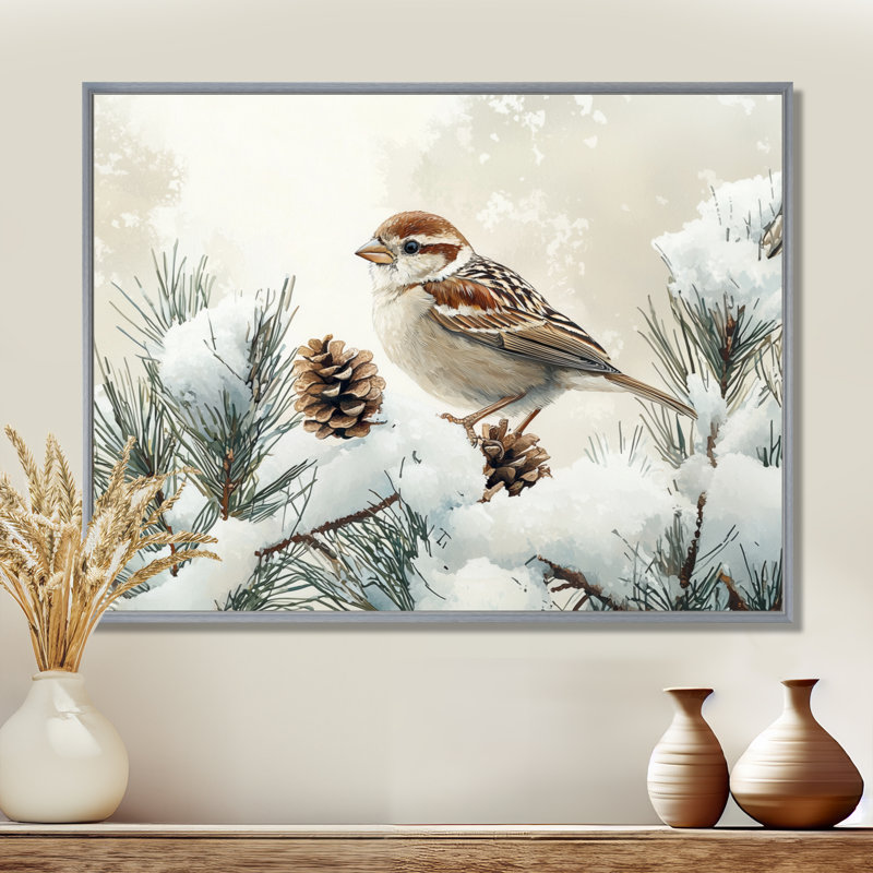 «Sparrow Bird In The Winter Pines I», art mural sur toile, H 30 po x l 40 po, Cadre flottant, Argent argent