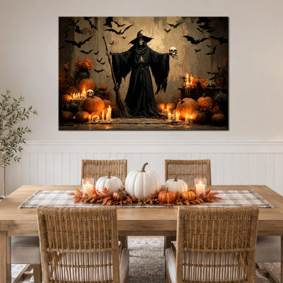 Art mural d'automne d'Halloween, décoration murale de photos d'Halloween, art mural sur toile d'Halloween, orange gothique et noir, style gothique effrayant pour le salon ou l'entrée, 36 po x 48 po