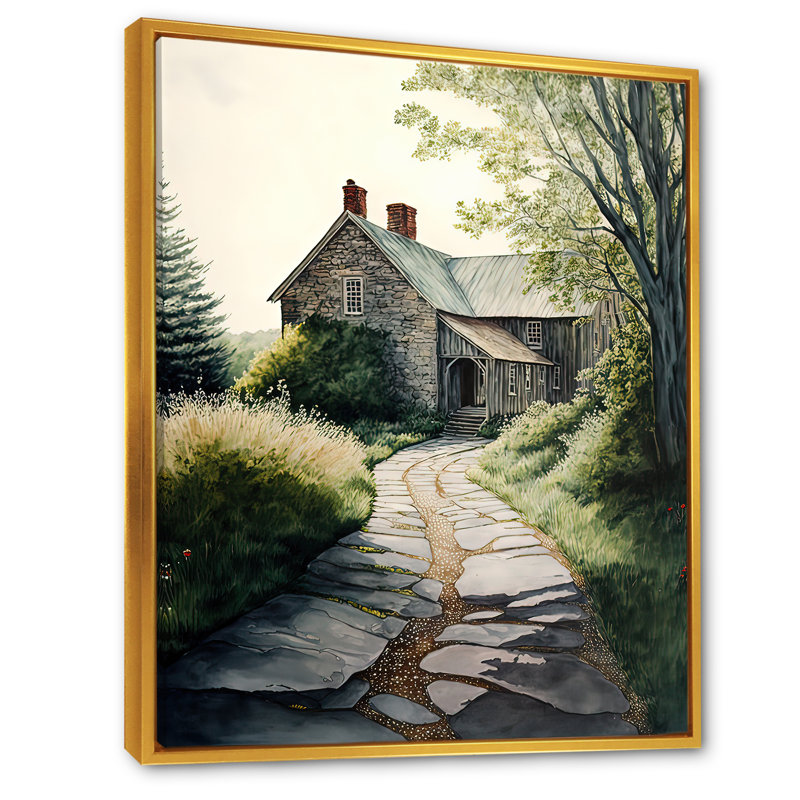 Charmante cabane et chemin III - Impression sur toile, H 32 po x l 24 po x P 1 po, Cadre flottant doré