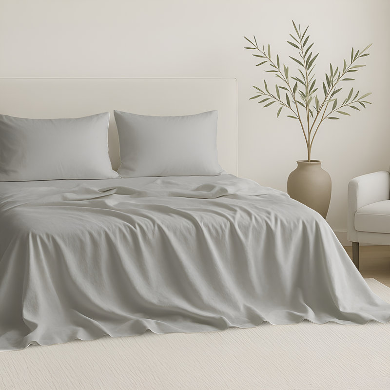 100% Cotton Sateen Sheet Set - Includes 1 Flat Sheet, 1 Fitted Sheet and 2 Pillowcases, Ash Gray