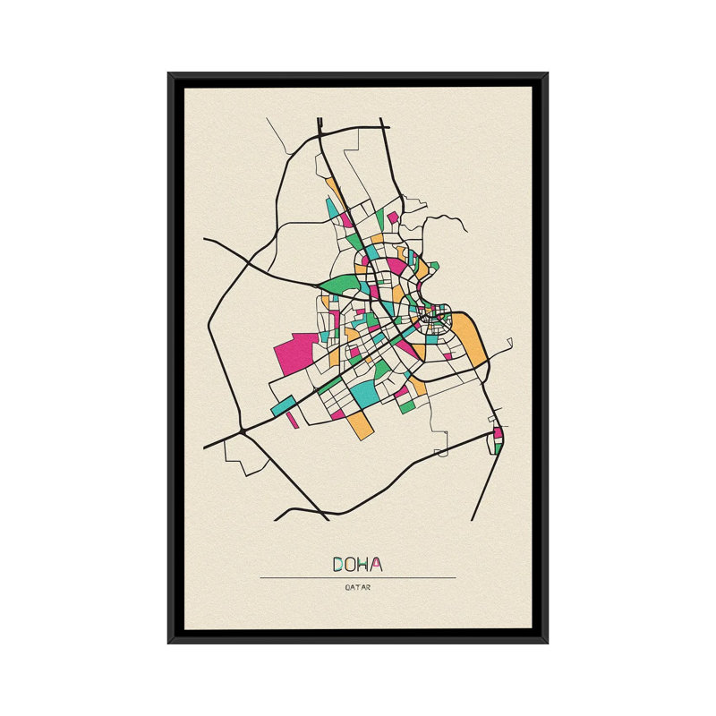 Doha, Qatar Map by Ayse Deniz Akerman - Floater Frame Print on Canvas, 101.6 cm H x 66.04 cm W, Black Floater Frame