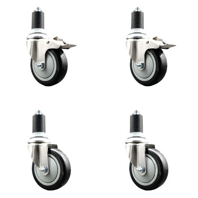 4 Inch 316SS Black Poly Swivel 1-1/2 Inch Expanding Stem Caster Set 2 Lock Brake
