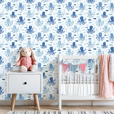 Peel and Stick Wallpaper Playful Octopus Small Fish Light Blue Contact Paper Removable Self Adhesive Wall Mural Wall Decor for Bedroom Kitchen Cabinets 17.7in x 118in