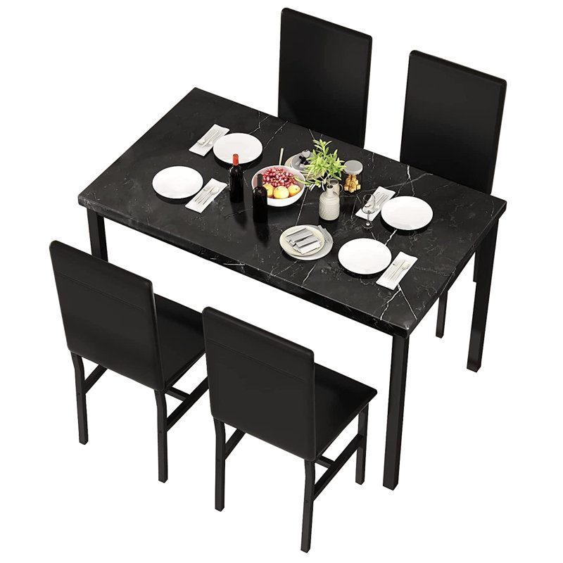 5 - Piece Faux Marble Breakfast Nook Dining Set, Black/Black