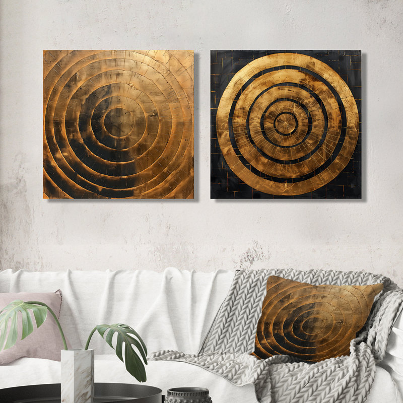 Or noir, sphère abstraite symétrie I - art mural abstrait - ensemble de 2 décorations murales modernes, 30" H x 61" W