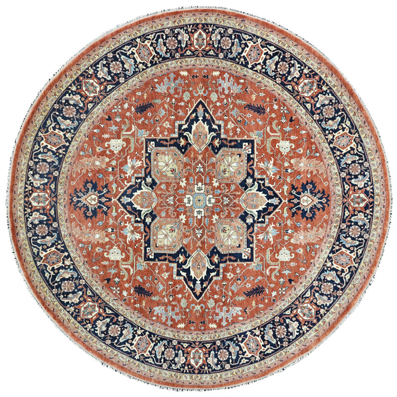 Hand Knotted Wool Area Rug in Red And Navy, Round 10'