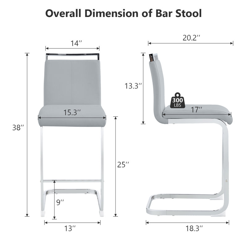 Tabouret de comptoir 25 po (ensemble de 2), Gris clair, Tabouret de comptoir (siège d'une hauteur de 25 p, Chrome chrome