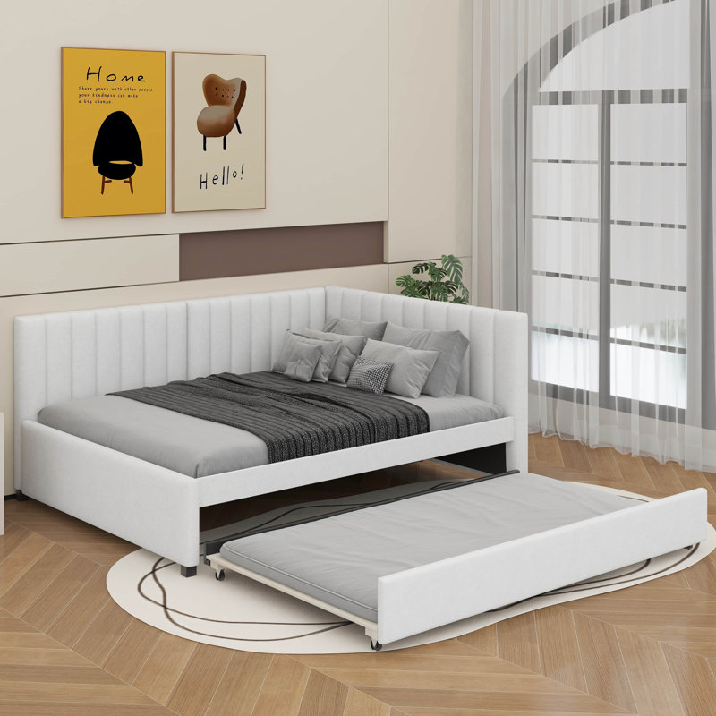 Full Size Upholstered Daybed With Trundle, Beige