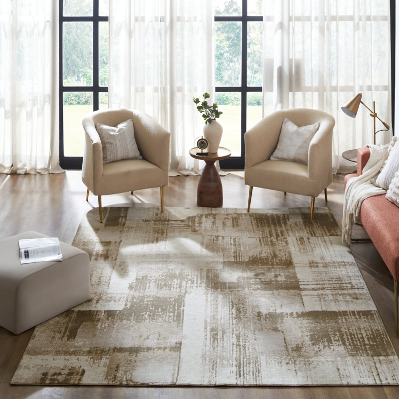 Wallburg Ivory Taupe Brushstroke Abstract Area Rug, Rectangle 2' x 3'