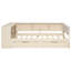 Lit plateforme simple en bois crème avec espaces de rangement, tiroirs et station de charge, tête de lit tapissier taille ornement, rangement, couleur d'installation