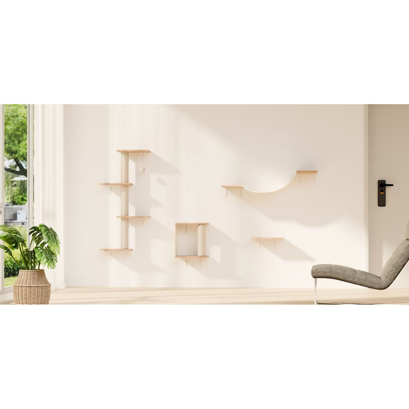 Meuble pour chat mural 4 pièces avec pont, marches et arbre en corde, système de support triangulaire, fabrication de relaxation confortable, confort pour les chats