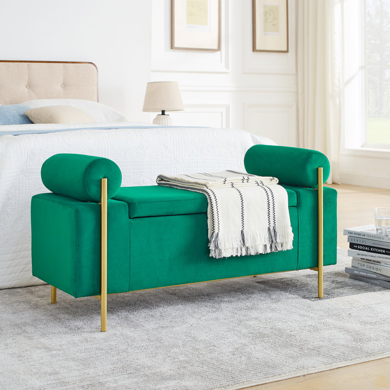 Upholstered Velvet Storage Bench With Cylindrical Arms And Iron Legs