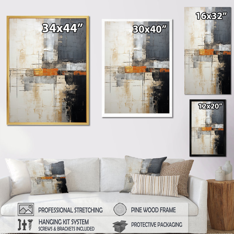 Abstrait, collage de route gris beige I - Collages abstraits, reproductions d'art mural, Cadre flottant doré