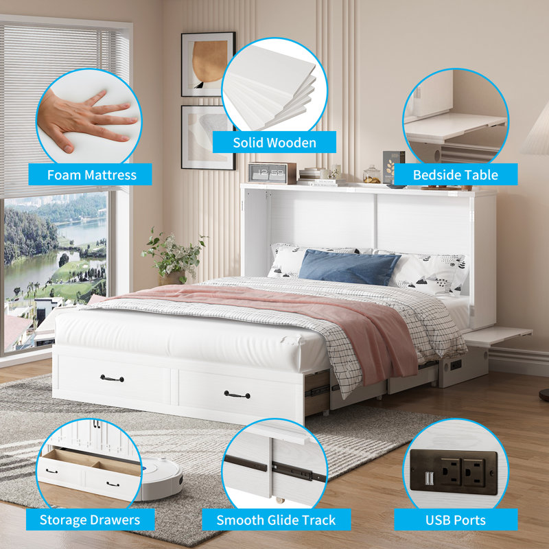 Queen Murphy Bed With Charging Station & Drawer, White, White