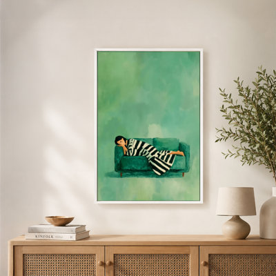 Woman Sleeping Zebra Blanket Couch Canvas Wall Art with Floating Frame, Ready to Hang