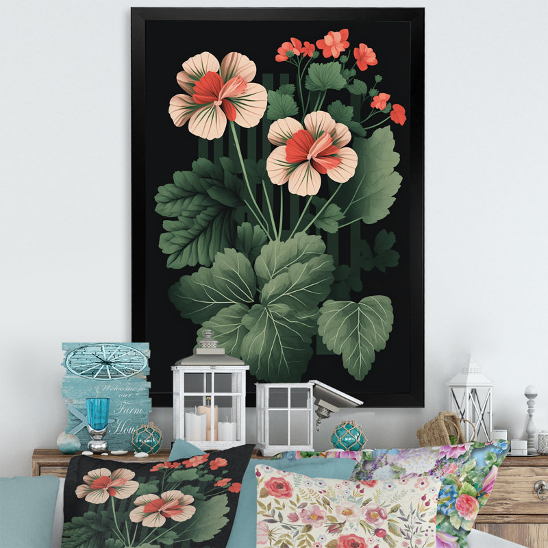 Rétro géranium en rouge et vert VI - Art mural sur toile florale, Impression noire sur toile encadrée, L 12 po x H 20 po