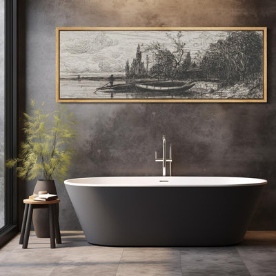 «Rustic Countryside Serene Lakeside Gravure, paysage nautique monochrome encadré»