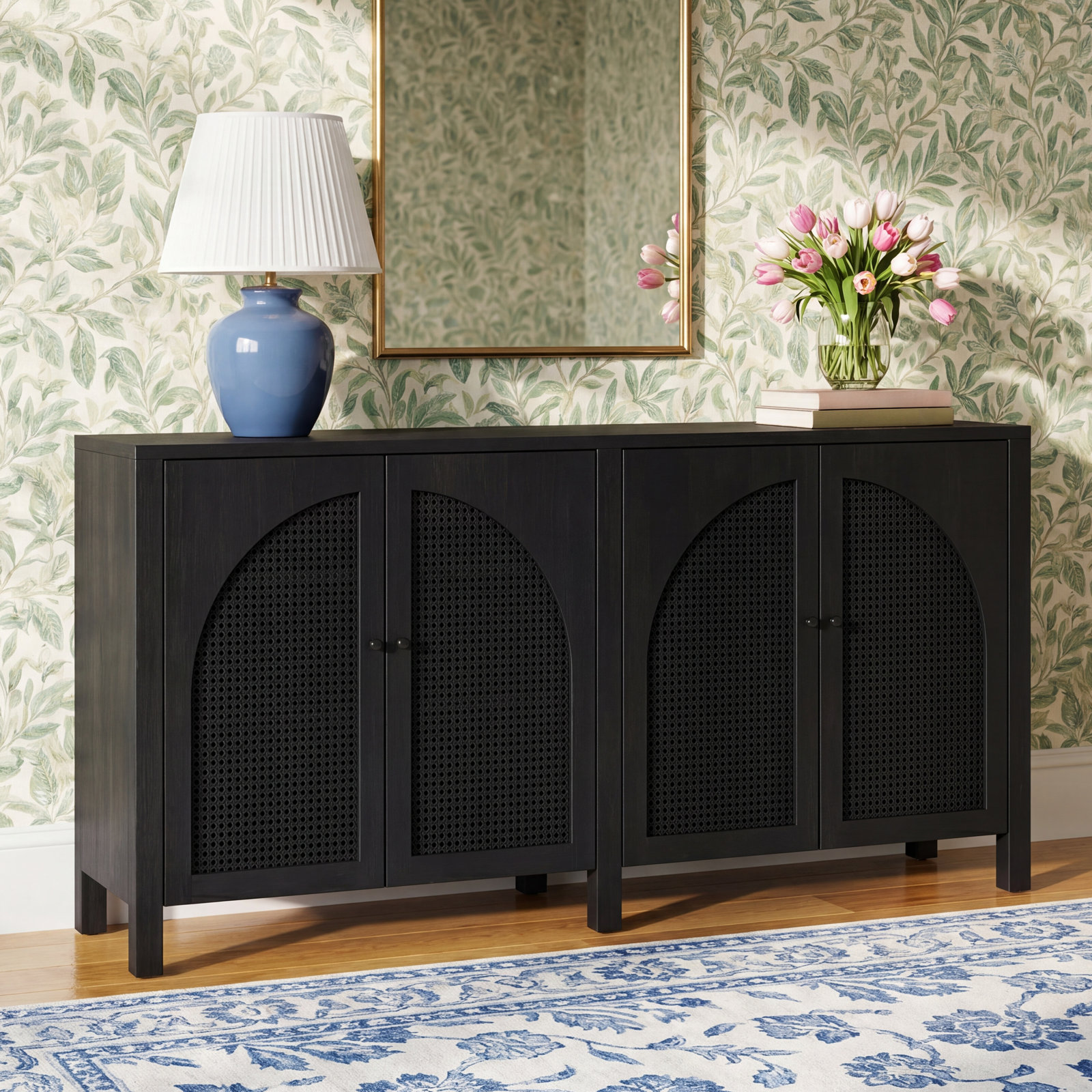 Silfa 78" Wide Mango Solid Wood Sideboard, Black Wash Mango, 33"H x 78"W x 18"D