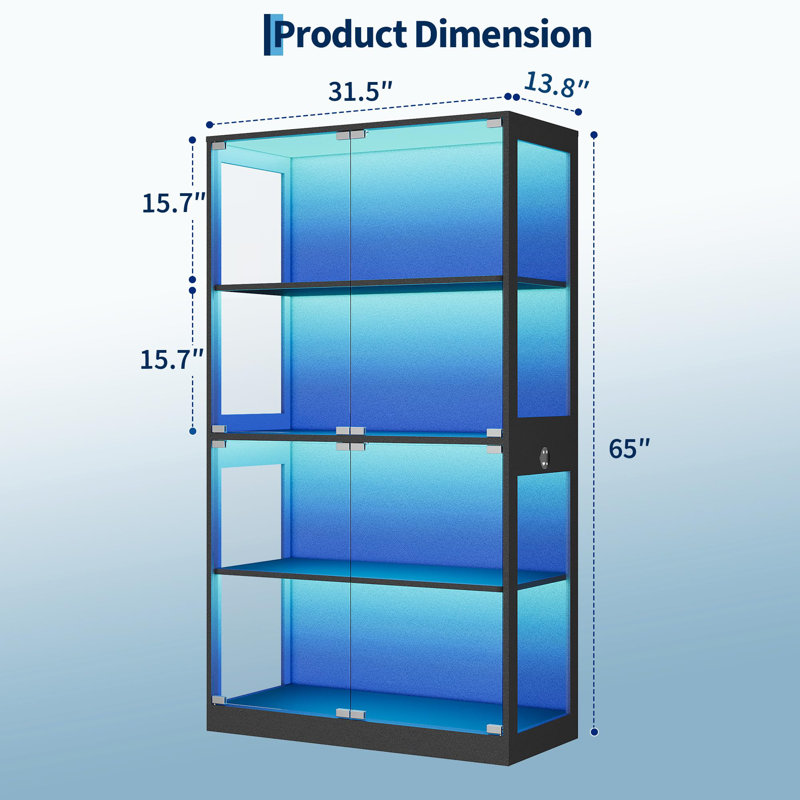 Display Cabinet with Glass Doors, 4 Tier Curio Cabinets with LED Lights & Charging Ports, Glass Display Case with Open Shelf & Human Body Sensor, Storage Showcase for Collectibles, Black
