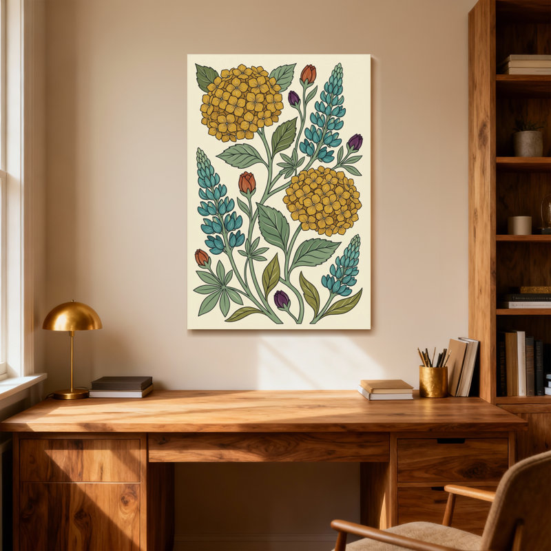 Plantes et fleurs avec motif floral jaune et bleu, H 40 po x l 28 po