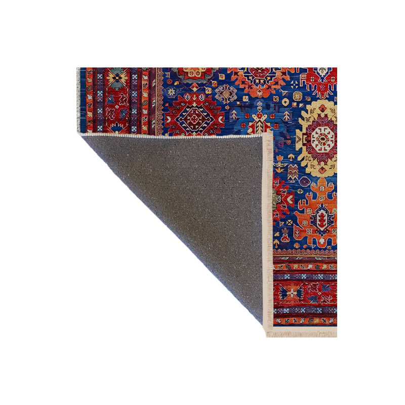 Tapis décoratif rétro bleu traditionnel lavable à la machine, Sous-tapis rectangulaire 2 pi 4 po x 3 pi 11 po