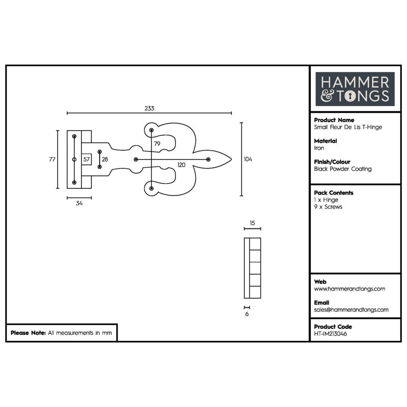 Hammer & Tongs - Fleur De Lis T-Hinge - W235mm - Black