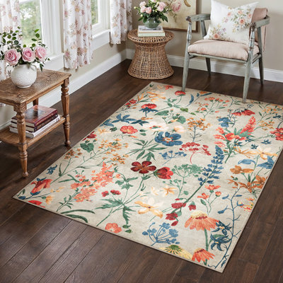 Cherry Machine Washable Floral Area Rug With Non-Slip Backing