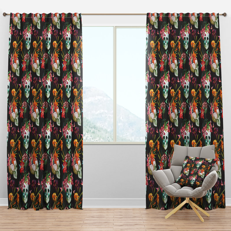 Panneau de rideau simple semi-diaphane avec passe-tringle Skull Floral, l 52 po x L 120 po