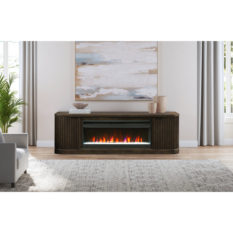 Contemporary Fireplace Console, Entertainment Storage, TV Stand, Fully Assembled, Brown, 24" H x 76" W x 15" D