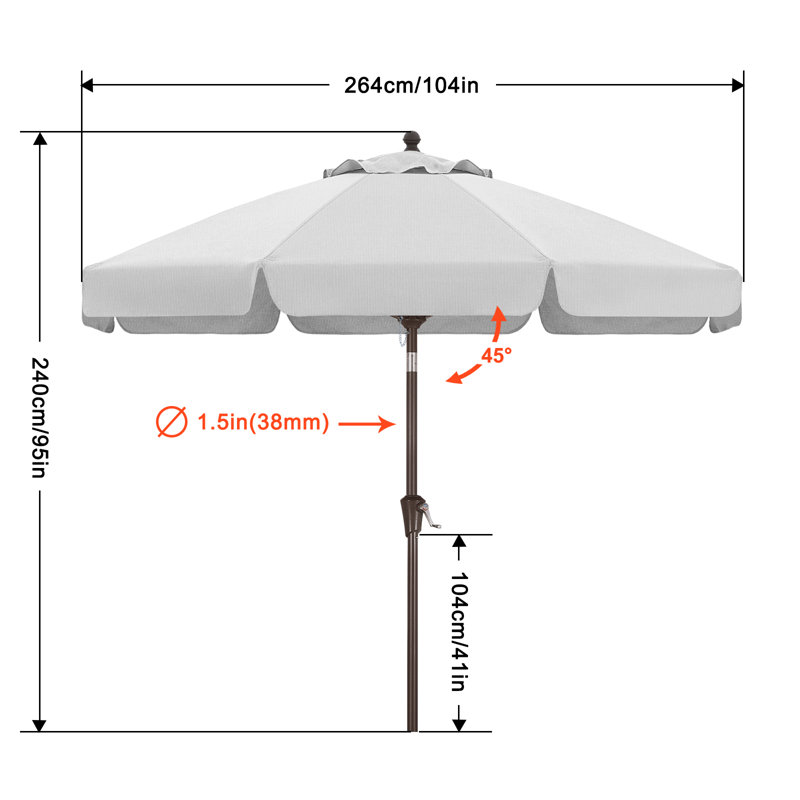 Parasol de marché en oléfine 9 'avec cantonnière festonnée et inclinaison, Blanc nuage