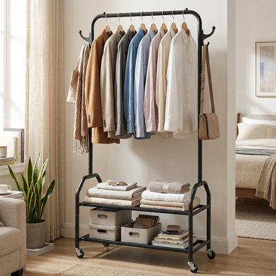 Portant à vêtements roulant avec tablettes à 2 niveaux et roulettes verrouillables, organisateur de vêtements mobile d'une capacité de 150 lb avec crochets latéraux pour la chambre à coucher, la salle de lavage et le salon