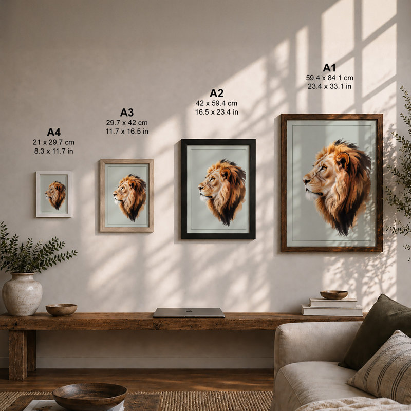 Lion in Profile Modern - Framed Print, A4 - 29.7 x 21.0 cm, Walnut